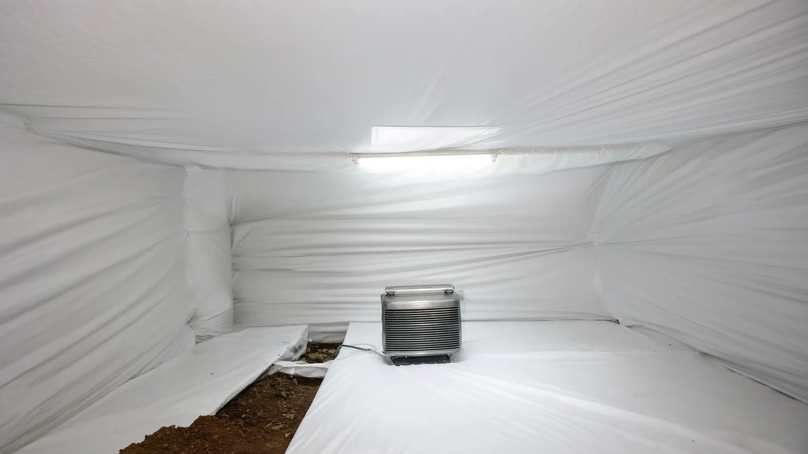 Technician installing vapor barrier in a Knoxville crawl space with block piers visible