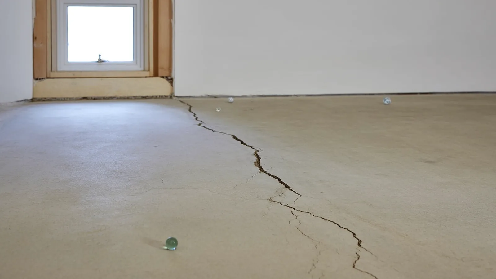 Wide crack running across a concrete floor in a Knoxville home crawl space