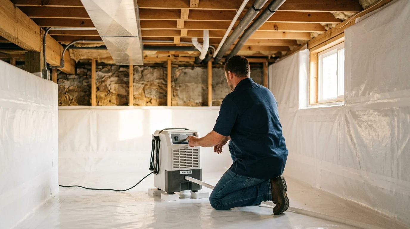 Dry encapsulated Knoxville crawl space with a clean vapor barrier and dehumidifier after repair
