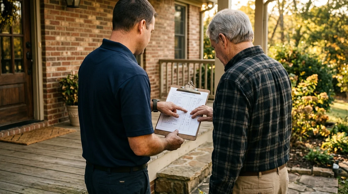 Foundation repair specialist reviewing a written inspection report with a Knoxville homeowner on a front porch