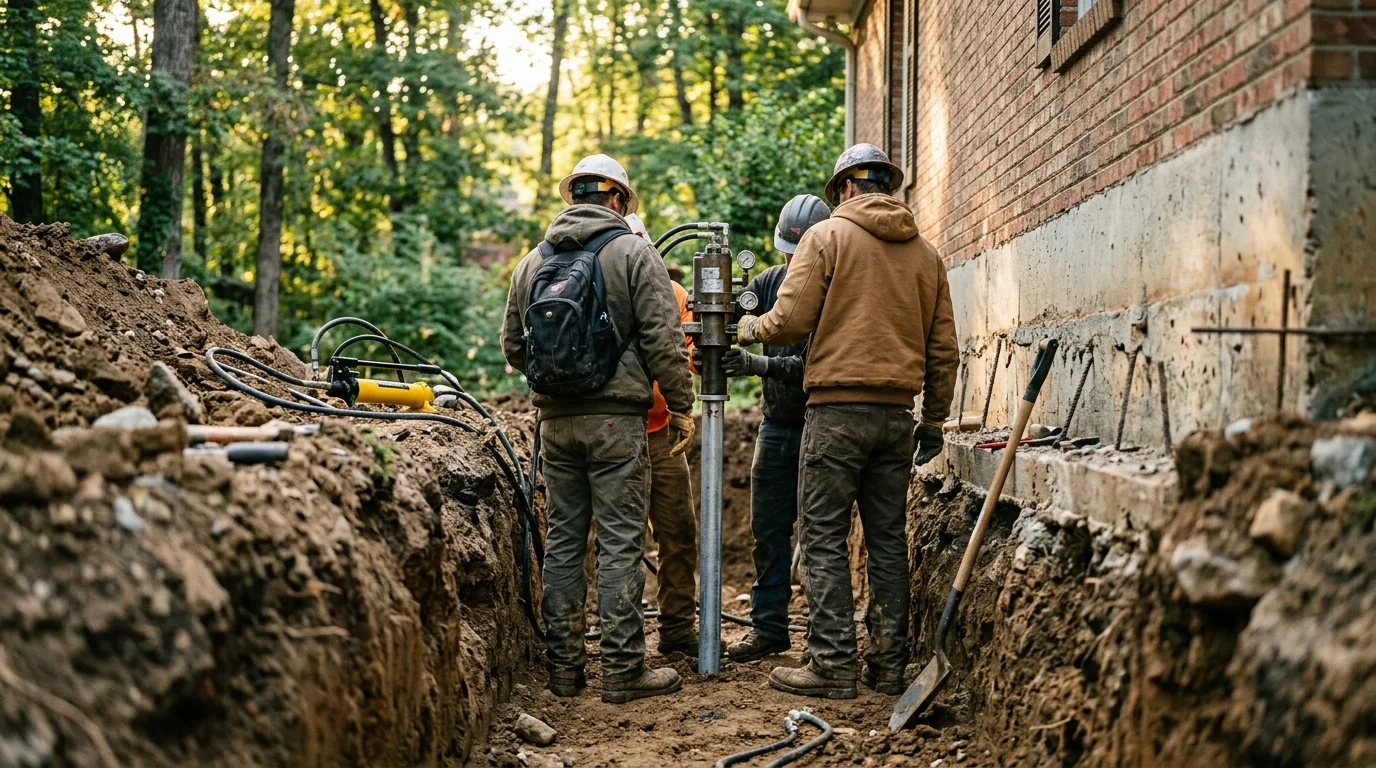 Crew installing a steel push pier beside a Knoxville home’s foundation footing