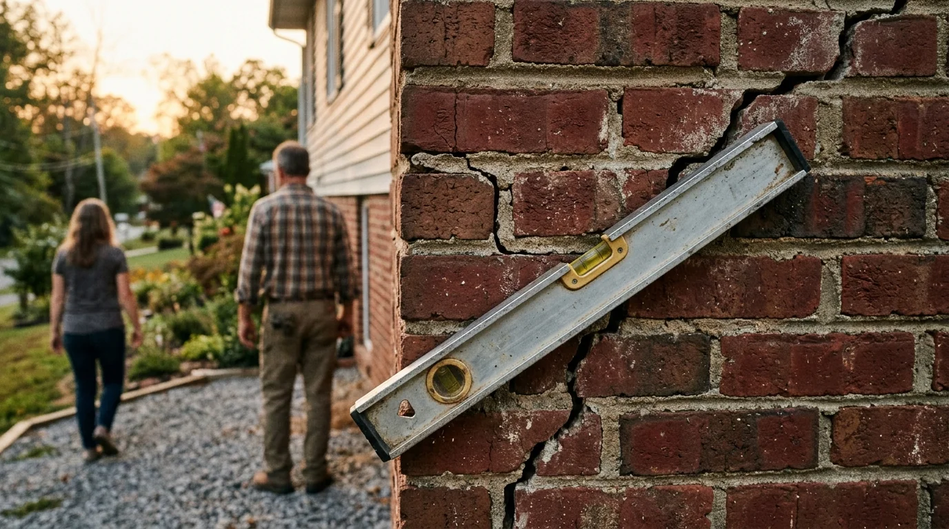 Stair-step crack in a brick foundation wall with a level for scale, a common Knoxville foundation problem