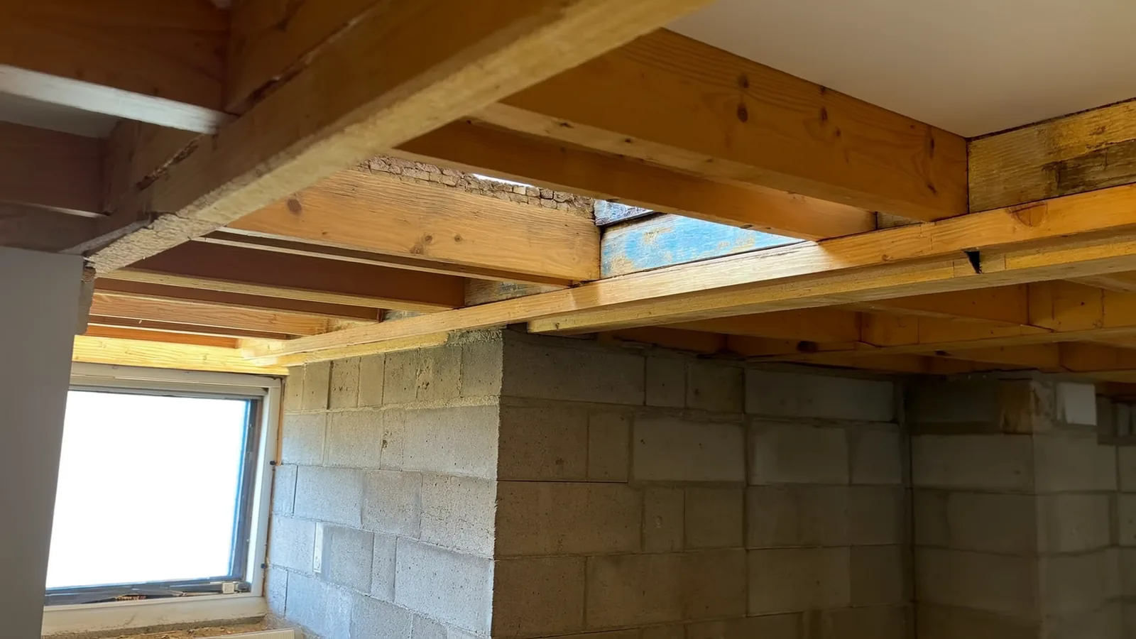 Contractor replacing a rotted wood pier beneath a Knoxville crawl space foundation