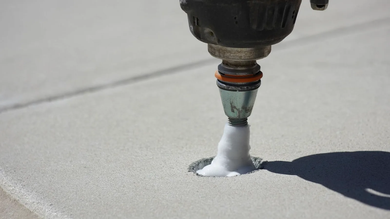 Contractor injecting polyurethane foam beneath a settled concrete driveway slab in Knoxville, TN