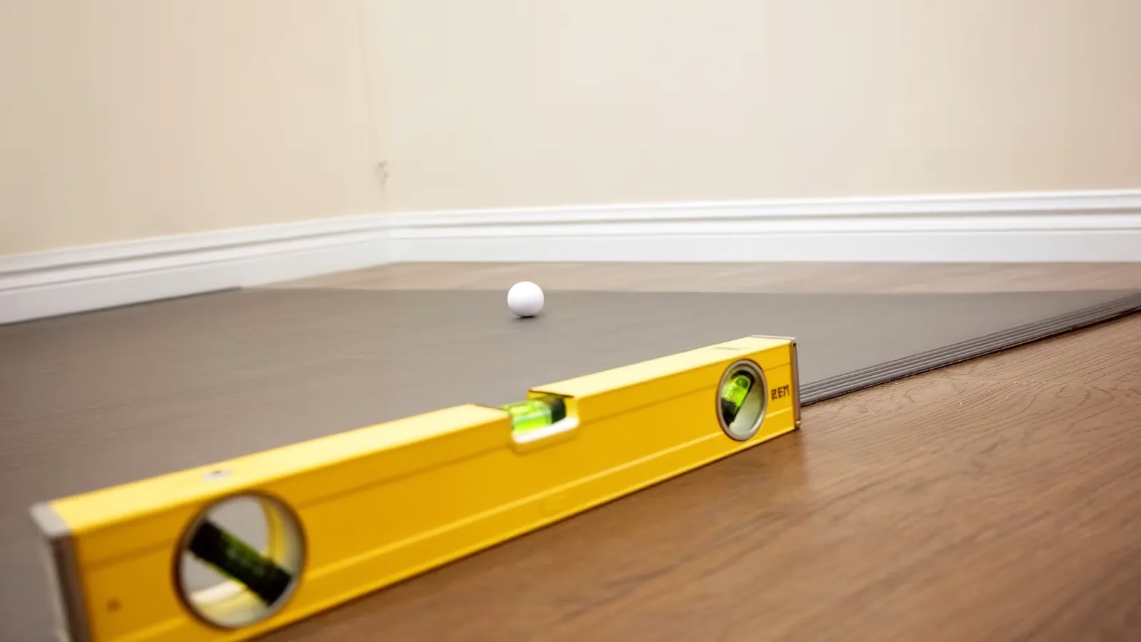 A marble rolling across a visibly sloped hardwood floor in a Knoxville Tennessee home with a crawl space foundation